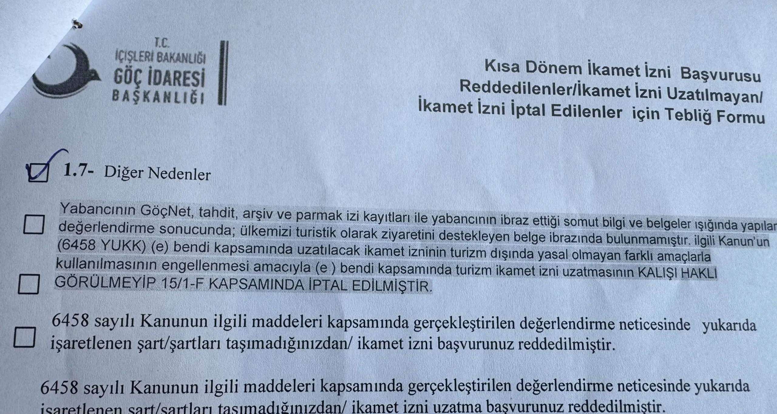 turizm ikameti seyahat planı eksikliği nedeni ile red edilmesi