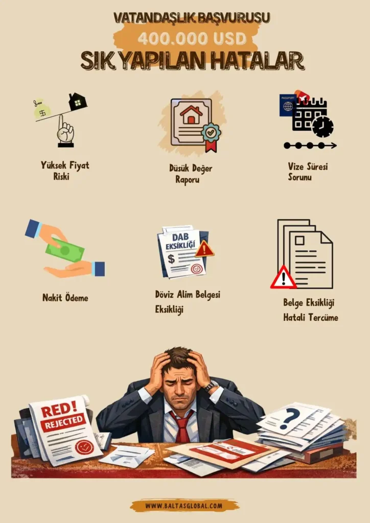 400.000 USD Yatırımda En Sık Yapılan Hatalar
1️⃣ Yüksek Fiyat Riski
Piyasa değerinin üzerinde gayrimenkul satın alınması. Özellikle yabancı yatırımcılara emsal değerlerin üzerinde fiyat sunulması sık karşılaşılan bir durumdur.
2️⃣ Taşınmaz Değerinin Yetersiz Çıkması
SPK lisanslı değerleme raporunda taşınmazın 400.000 USD altında tespit edilmesi ve başvurunun olumsuz sonuçlanması.
3️⃣ Eksik veya Yanlış Belge Sunumu
Tercüme hataları, apostil eksikliği, noter onay problemleri, sahte veya gerçeğe aykırı belgeler nedeniyle sürecin uzaması ya da reddedilmesi. Ülkeden eksik belge ile gelinmesi de süreci kilitleyebilir.
4️⃣ Yasal Kalış Süresi İçinde İşlemlerin Tamamlanamaması
Turist vizesi veya vize muafiyeti süresi içinde işlemlerin tamamlanamaması ve kişinin kaçak duruma düşmesi.