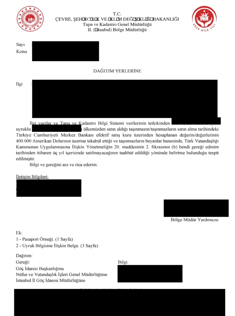 Türk vatandaşlığı alımında tapu müdürlüğünden alınan uygunluk belgesi örneği. 400.000 Dolar yatırım ile uygunluk belgesi alımı.